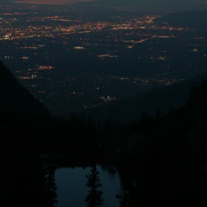 Lake, mountains, city