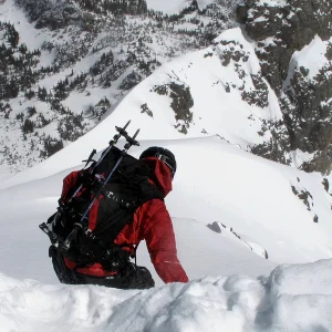 Dropping into the Spire Couloir