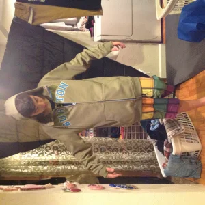 Weaaring Tan button hoodie 