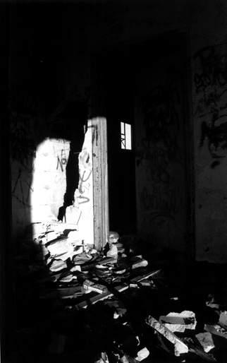 A run down building.