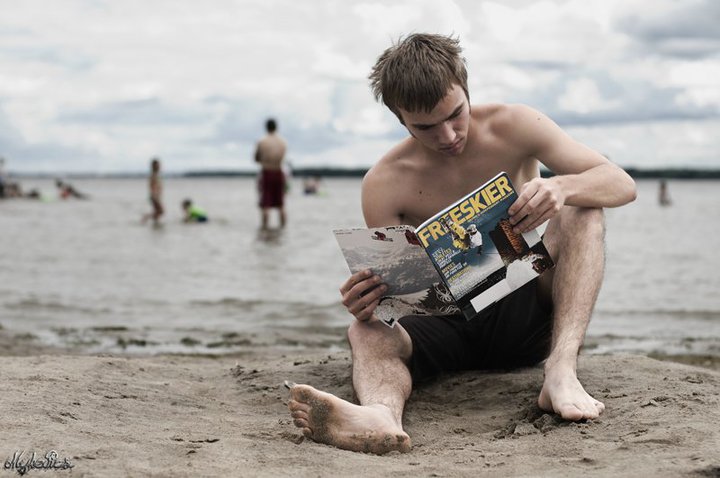 A skier at the beach