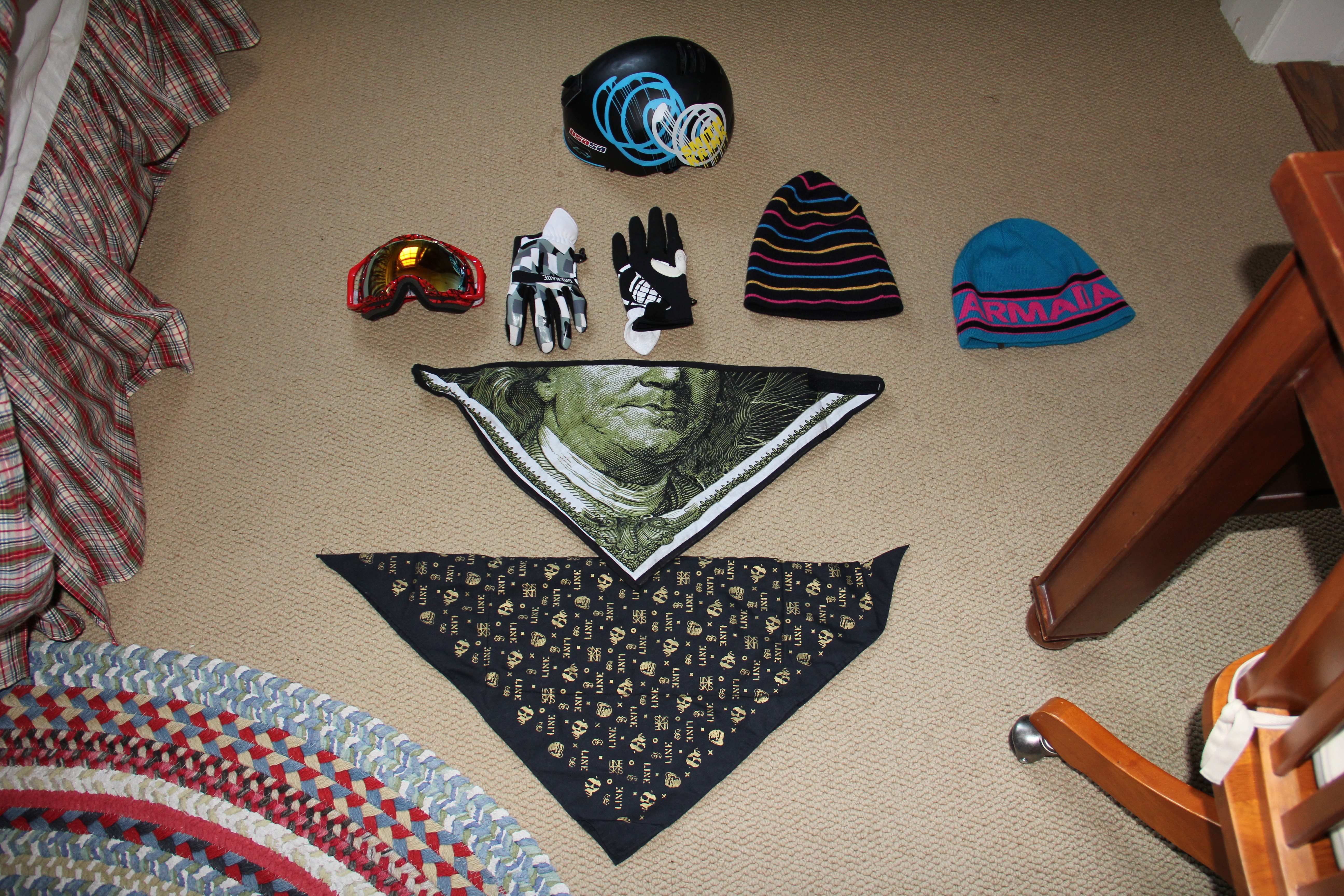 Bandanas, helmet, spring gloves, goggles, beanies