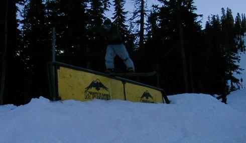 Boardslide the rail at Baker, 1/08/03.