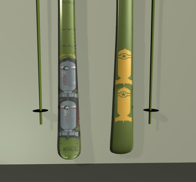 Bottoms of 3d ski with highlights