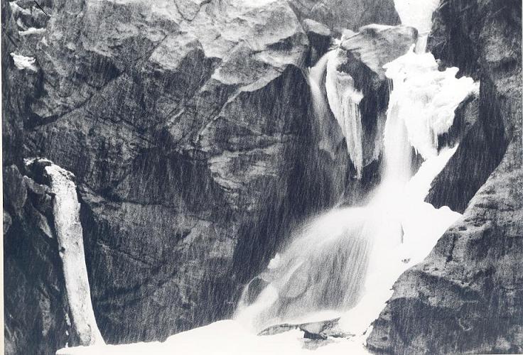 Boulder Fall B&W while snowing