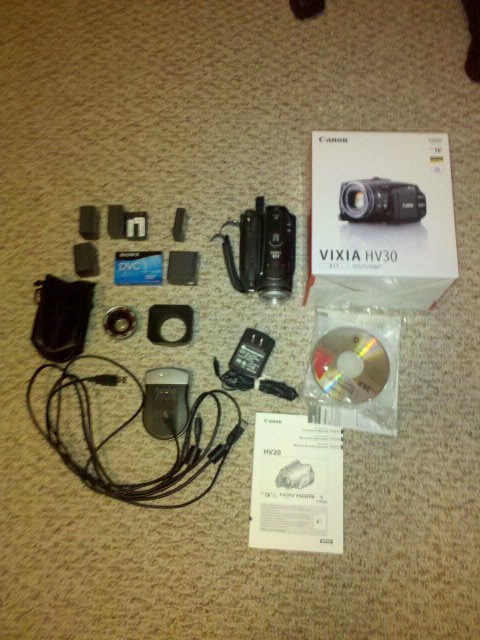 Canon HV30 Camera, Wide Angle Lens, Extras