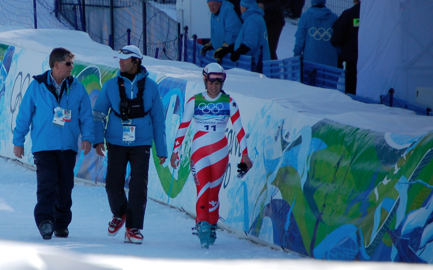 Dominique Gisin (Suisse) walks off the downhill course