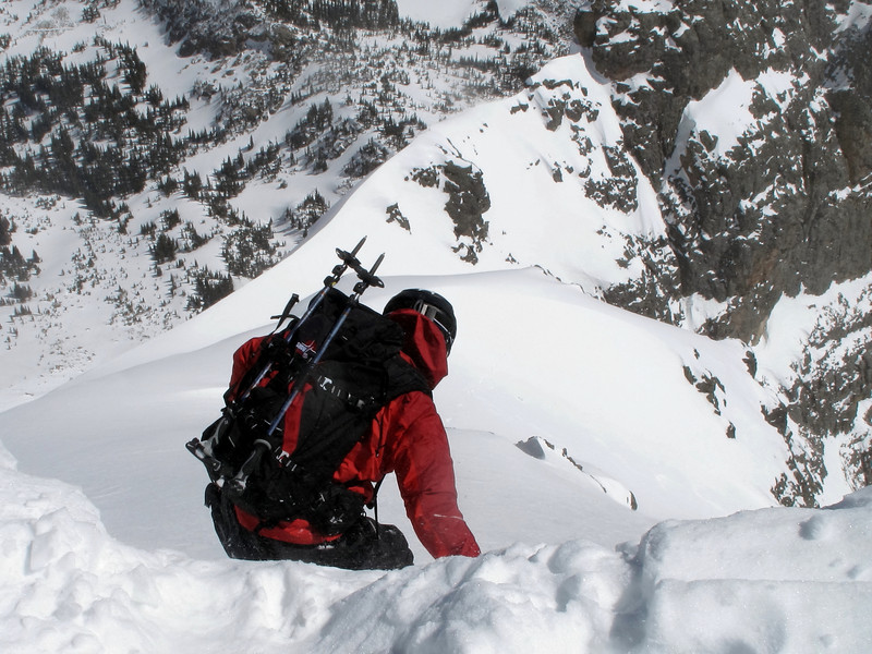 Dropping into the Spire Couloir