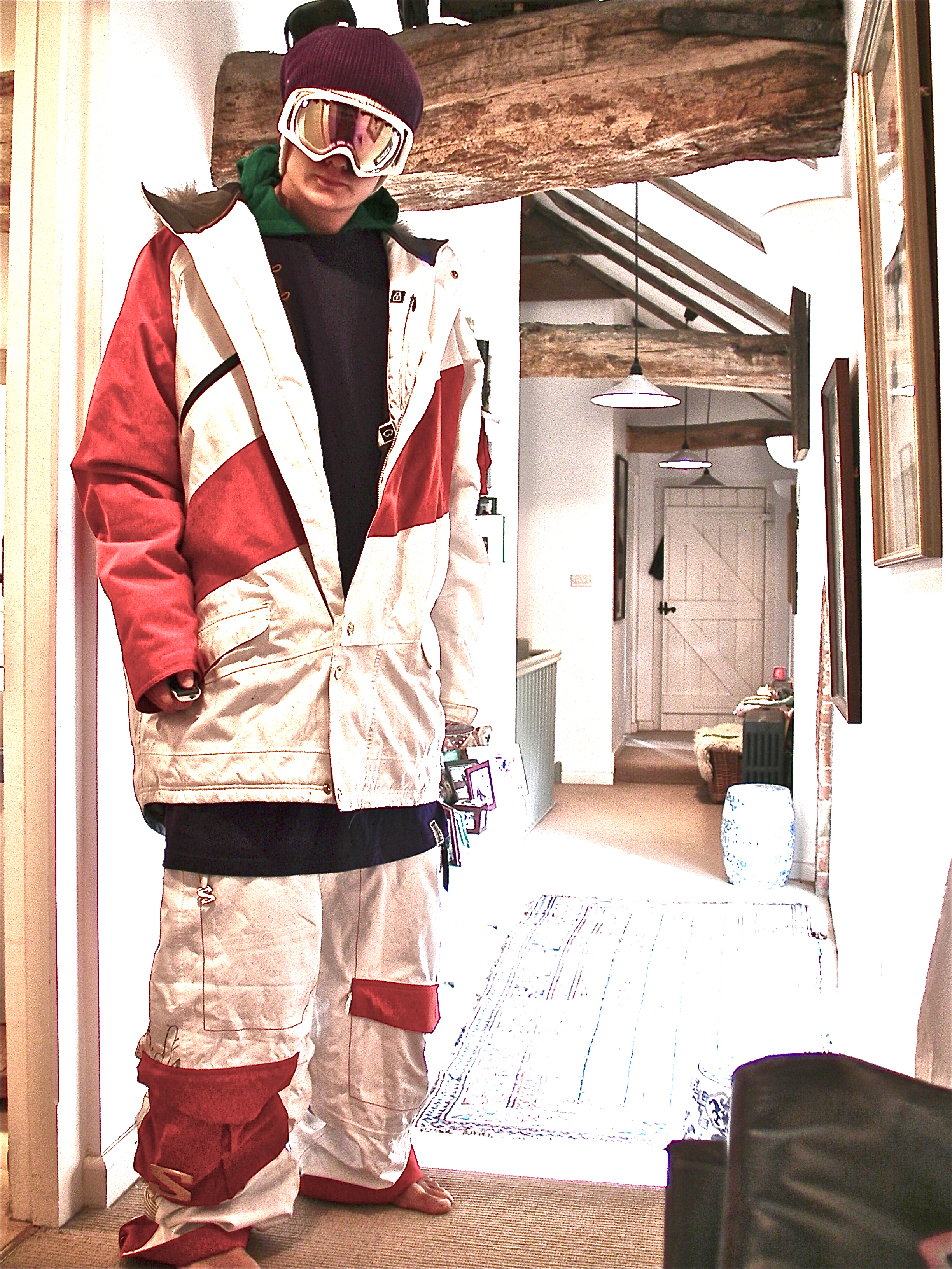 G Suit Jacket and Pants with purple tall tee and sagged beanie