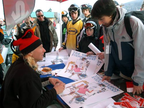 glenn plake .... steve in the Line moto shirt and me looking over the little kid
