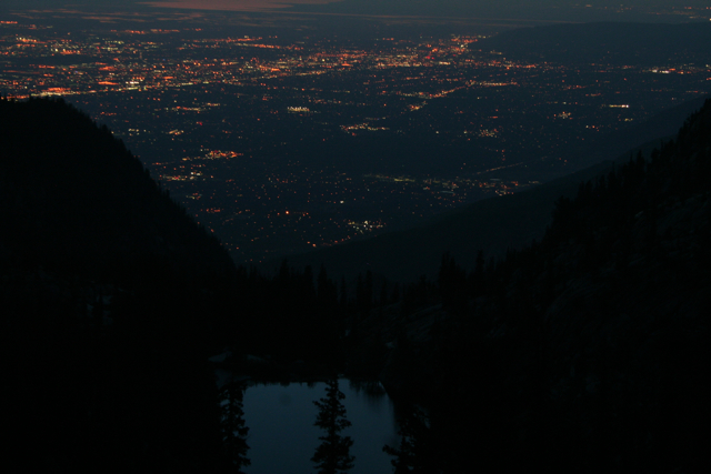 Lake, mountains, city
