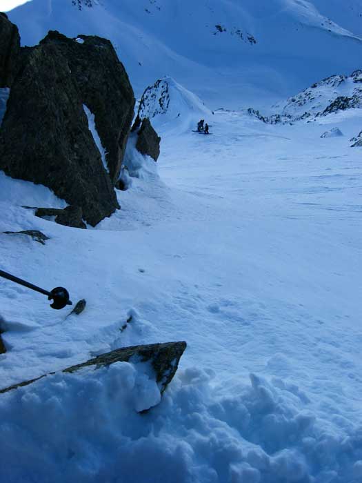 Part 5 First Pitch (55 degrees) of the North East Couloir. Those are cliffs below to the right