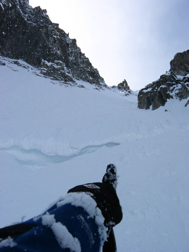 Pointing back up at our route- in the foreground is the Bergschrund over which a little huck was req