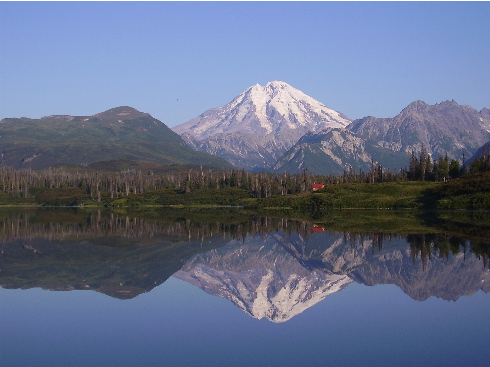 reflection of Alaskan volcano on bear lake