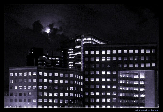 Rivershore building at night