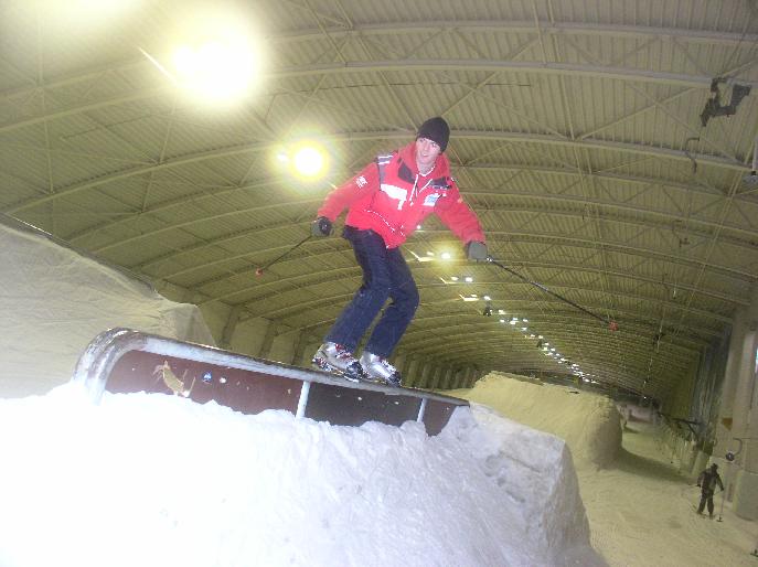 running onto the rail and slide (no skies!!!)