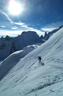 Skiing in front of the Dent du Geant