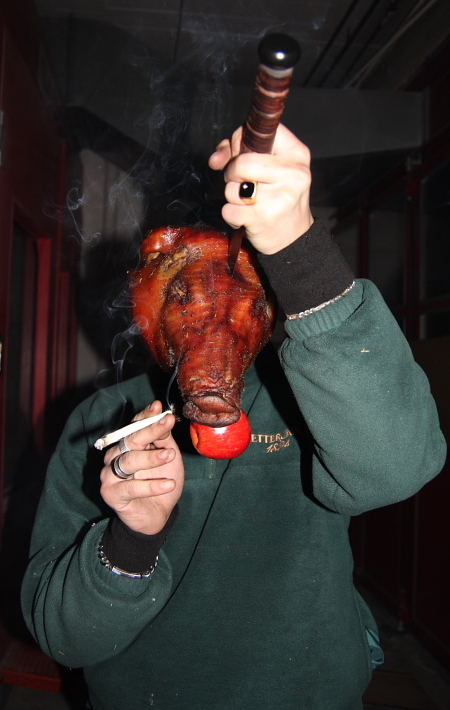 Sucking pig smokes