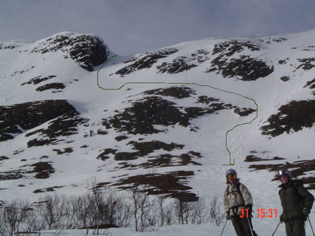 The line from below. I was the first to hike it and ski it in months. A lot steeper than it looks.