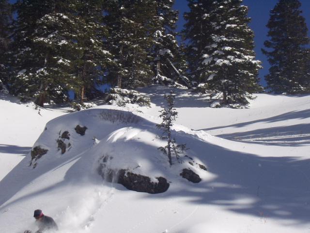 tiny drop at bottom of long run of powder